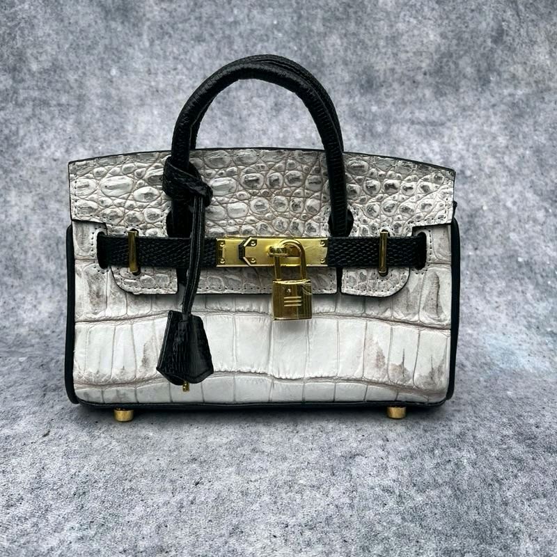 AA LEATHER Tas Tangan Mini Eksotis Croco Embossed & Lizard Leather Two-Tone - Putih Gading & Hitam Elegan