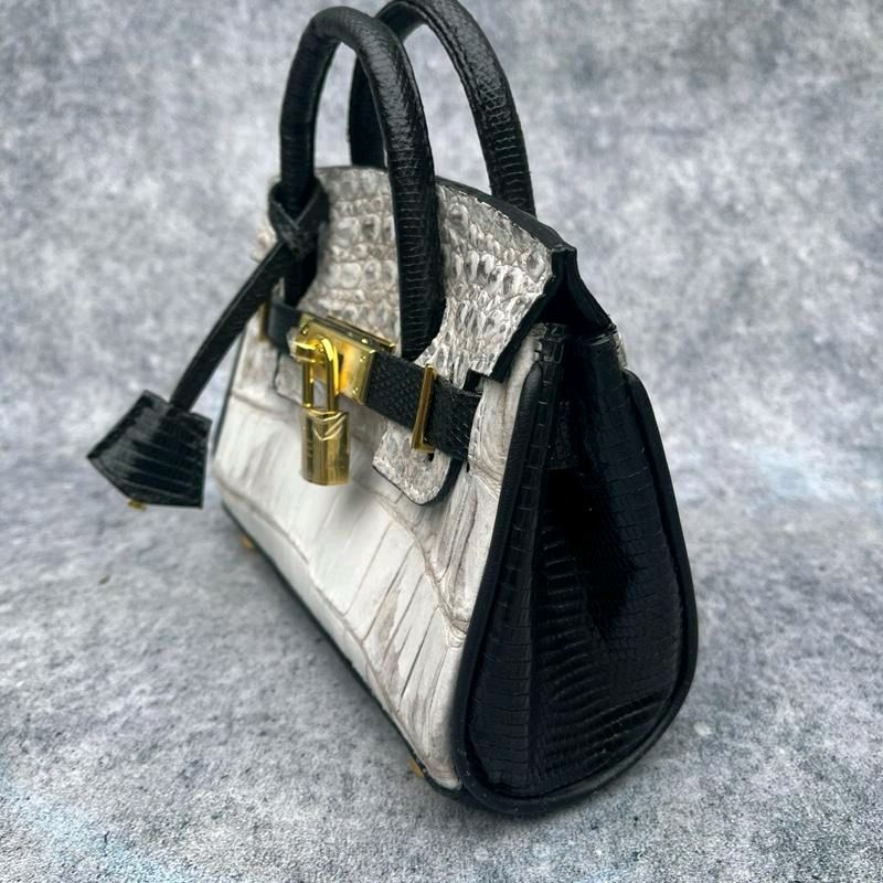AA LEATHER Tas Tangan Mini Eksotis Croco Embossed & Lizard Leather Two-Tone - Putih Gading & Hitam Elegan
