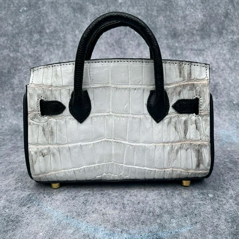 AA LEATHER Tas Tangan Mini Eksotis Croco Embossed & Lizard Leather Two-Tone - Putih Gading & Hitam Elegan