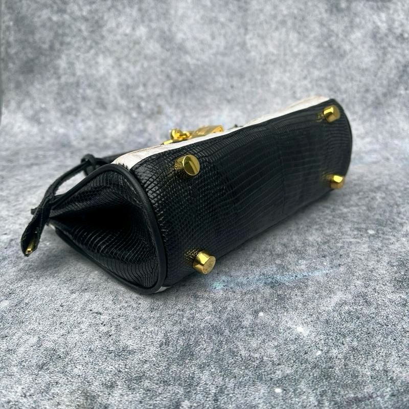 AA LEATHER Tas Tangan Mini Eksotis Croco Embossed & Lizard Leather Two-Tone - Putih Gading & Hitam Elegan